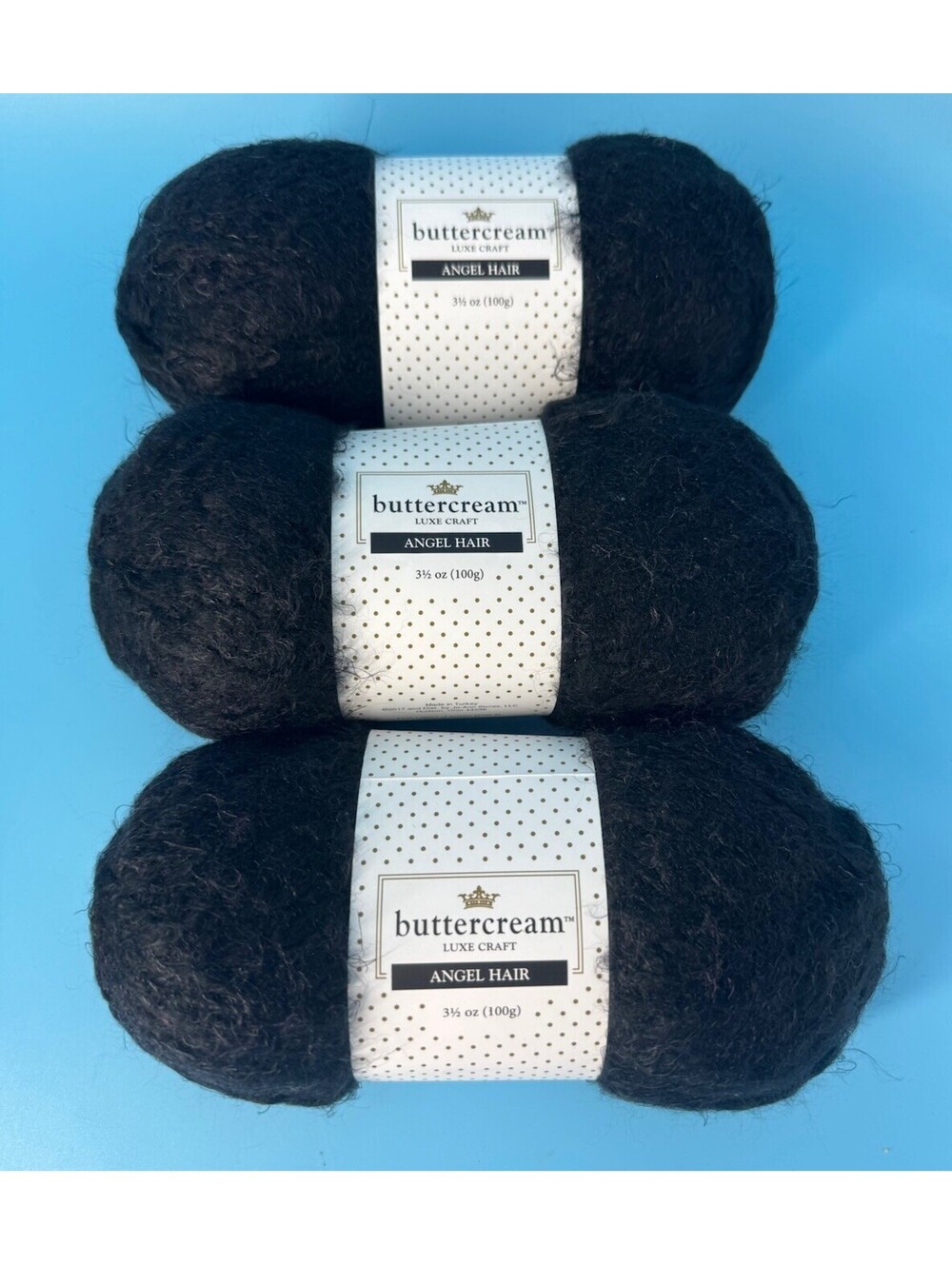 3 Buttercream Angel Hair Yarn Black Bulky Wool Blend Same Dye Lot 6303